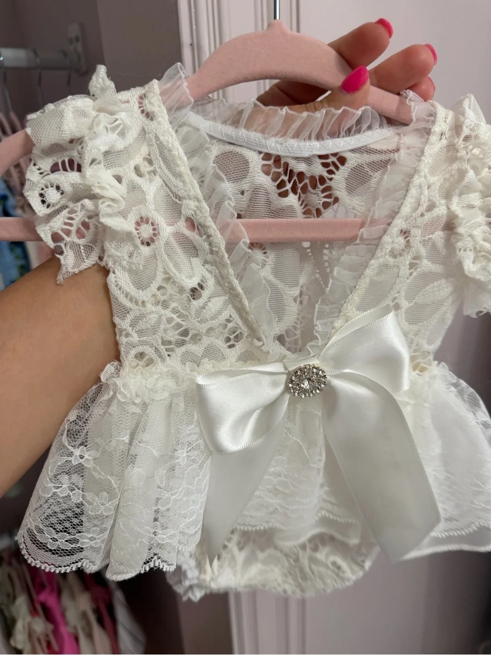Custom Newborn Ivory Lace Photo Shoot Romper Rhinestone Bowp